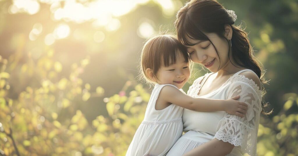 妊婦と子供が抱き合って微笑んでいる写真