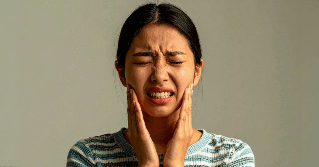 歯の痛みで顔をしかめて両手で頬を押さえる女性