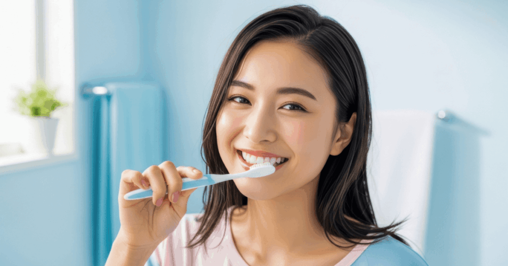 笑顔で歯磨きをする女性