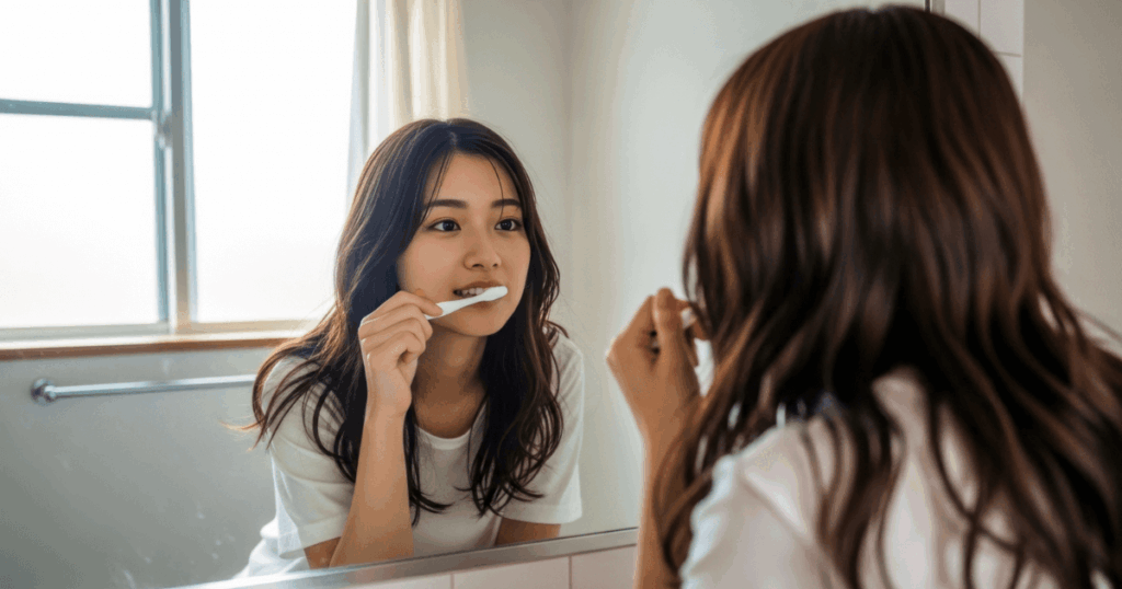 鏡の前で歯を磨きながら口の健康を保つ女性