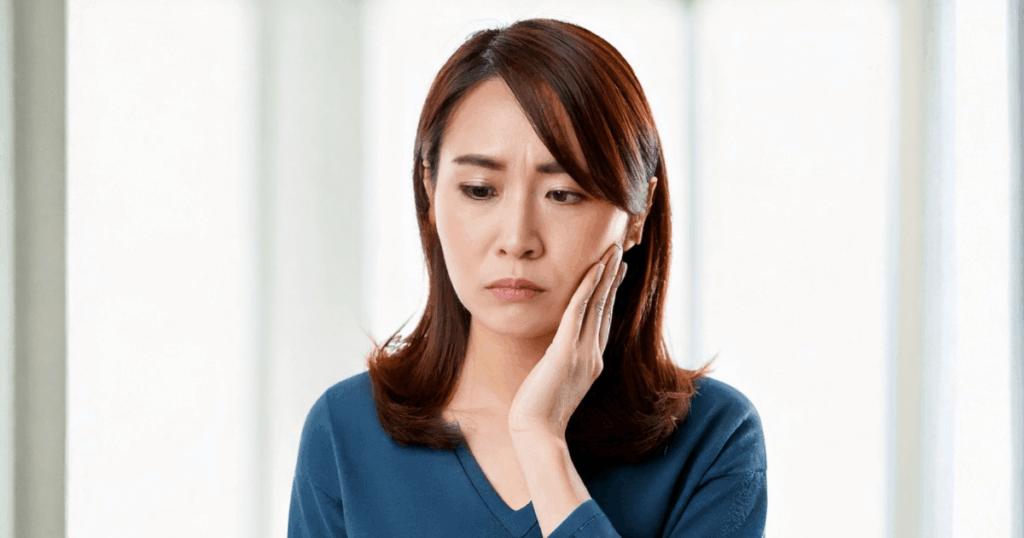 歯が浮いたように感じて不安そうに頬に手を当てる女性
