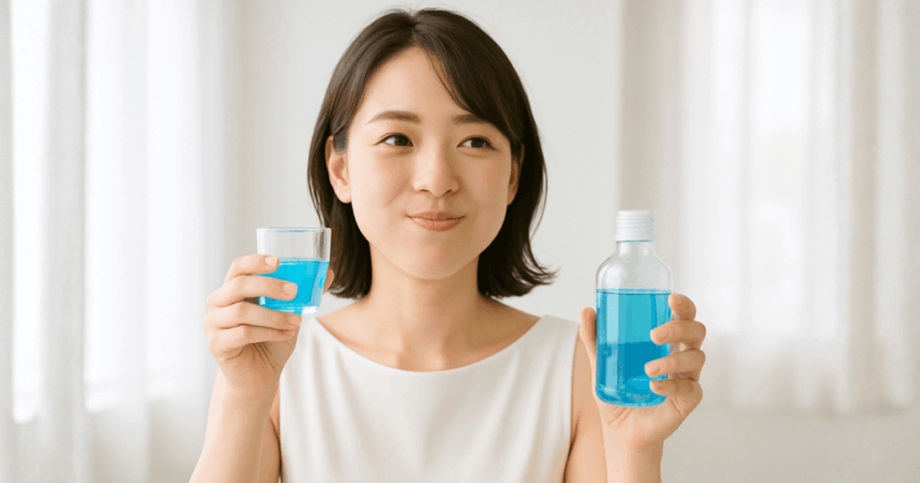 洗口液（マウスウォッシュ）を使って口のケアをする女性
