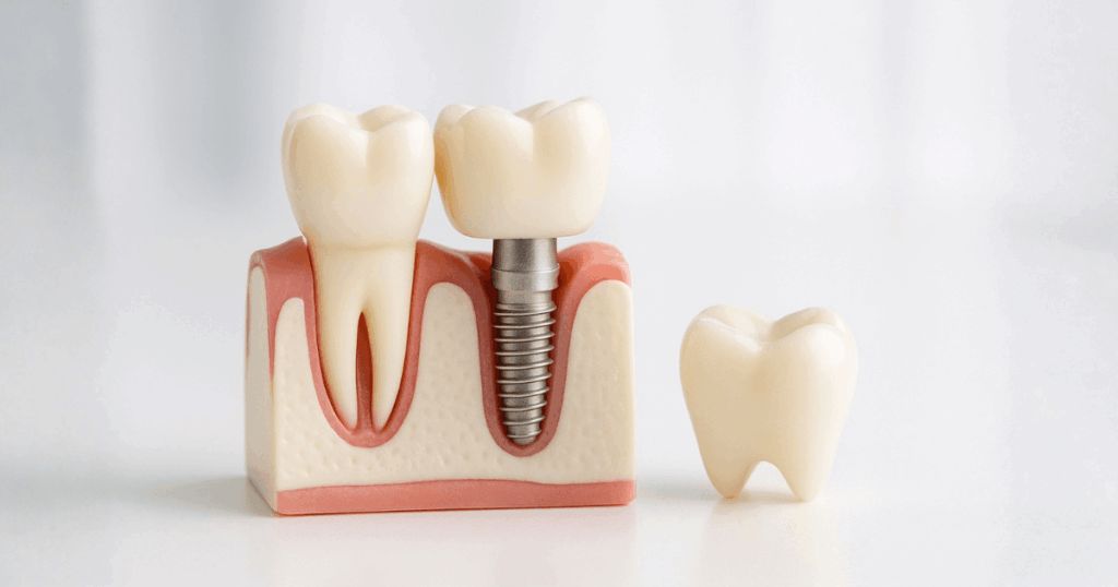 奥歯を抜いたあとに選べる治療方法としてインプラントを示した歯の模型画像
