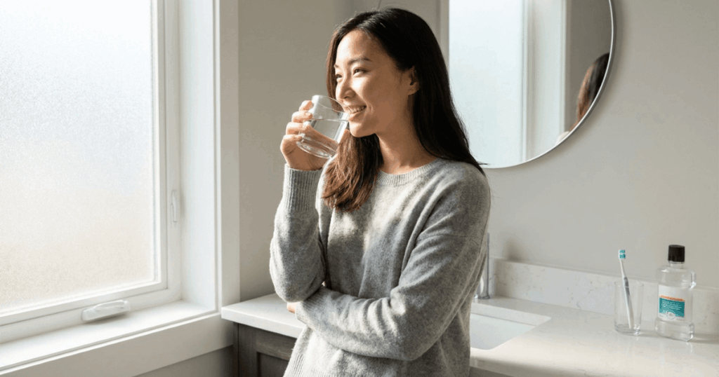 歯の着色を防ぐために水を飲むなど日常の口腔ケアを意識している女性のイメージ