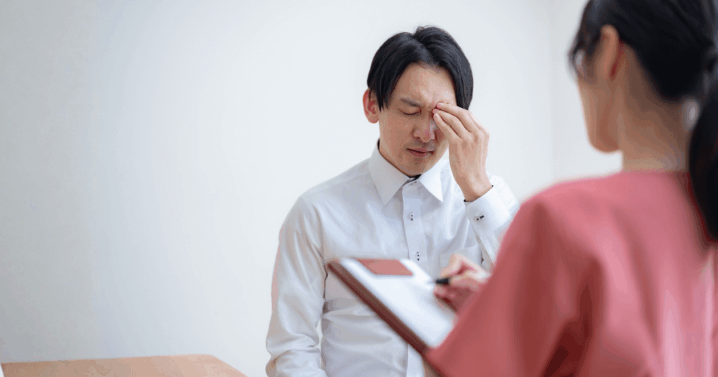 歯の痛みと頭痛があり、目の奥を押さえてつらそうにしている男性