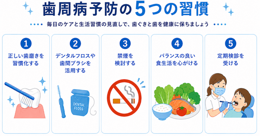 歯周病予防の5つの習慣を説明する図